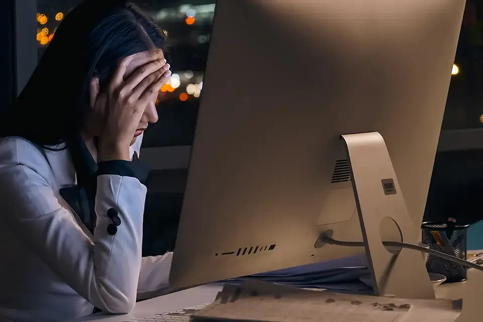 Stressed young asian businesswoman Healthy Office Computer in Richmond Hill, Toronto